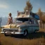 Placeholder: happy cute model sitting on roof of a caravan, wreckfest, spectacular graphics, unreal, road, bridge, fallout 4, mutant cow