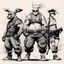 Placeholder: [traditional Chinese brush, expressive line, ink washes] Tank Girl with Bebop and Rocksteady: This body finds pleasure in his movement wish to walk with my head so high my shoulders back bum carefully encasing the head of my femur, wish my body to move like my trainer's.