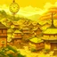 Placeholder: A golden yellow Japanese village with mystic clocks painted by Zosan