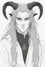 Placeholder: A dnd character portrait, a tiefling man with long hair and two black horns, white eyes and pale skin. Handsome. Young.