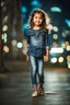 Placeholder: Little 6 years old beautiful girl perfect face,1girl wearing a pretty shirt and jean pant, standing pose,modern city ,night view