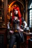 Placeholder: full body and headshot of a skinny Cleopatra, with long straight red hair, dressed as an assassin standing in a steampunk setting.