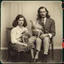 Placeholder: Awkward portrait Photo with a man and a woman, 30 years old sitting on chair, serious look, long 1960 hair and mustasch, bland polaroid camera, holding a small pig, parrots