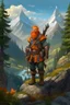 Placeholder: Realistisches Bild von einem DnD Charakters. Männlichen Zwerg mit orangenem Haaren. Er steht im Wald mit Bergen im Hintergrund. Er sieht aus wie ein Jäger