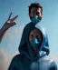 Placeholder: Realistic image, waist up view, a guy making the fuck off gesture with his hand, blue smoke coming out of his nose and mouth, happy. Latex cloth, inflatable hoodie, soft color, highly detailed, unreal engine 5, ray tracing, RTX, lumen lighting, ultra detail, volumetric lighting, 3d, finely drawn, high definition, high resolution.