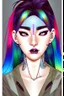 Placeholder: Asian androgynous woman, in detailed 80's graphic novel illustration, piercings, rainbow hair, androgynous look, epic colour treatment, cinematic colour treatment