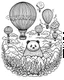 Placeholder: A whimsical hot air balloon festival over a landscape of rolling hills, cute bear,panda ,lion and wildflowers for colouring pages black and white outline line art,no blur,no grayscale,no black backdrop,onl white backdrop,realistic look