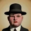 Placeholder: A portrait of a 1930s businessman with a black bowler hat and a suit. He is obese