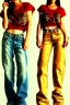 Placeholder: year 1996 denim fashion. Loose, baggy, low waist Combat pants and t-shirt. Colors: denim blue, blue, purple, cream, khaki, light green, lilac, plum, orange, terracotta, red, light yellow, lion yellow, pink, dark blue, beige. leopard, Cheetah . Latex in small part. Kylie Minogue, Tyra Banks,Julia Roberts. leg warmer. Cargo pants.