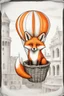 Placeholder: Color illustration of a ultra photo realistic happy red fox sitting "inside" a detailed wicker basket which is "hanging" below a perfect round orange colored hot air ballon nothing should be hanging from the basket, full image of hot air ballon, every element; fox, wicker basket, ballon should be in proportion to one another, in the background you can see the leaning tower of Piza