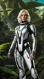 Placeholder: wide-angle Photo of a Sci-fi woman, with blond hair, wearing a silver and black spacesuit looking like an android, on an alien jungle planet