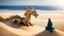 Placeholder: the coast of a desert seen from the top of a dune. a serene dragon looking at the ocean meditating on life. fantasy,