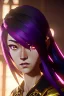 Placeholder: Young asian woman, anime barbarian character, purple hair, gold eyes, long hair gold jewelry, leather, vibrant color, highly detailed, art stations, concept art, smooth, unreal engine 5, god rays, ray tracing, RTX, lumen lighting, ultra detail, volumetric lighting, 3d, finely drawn, high definition, high resolution.