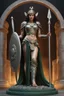 Placeholder: highly detailed marble and jade roman statue on a plint of a 18 year old goddess of love and war in chain mail and carrying a spear and holding a round shield in front of her. sandals. full body shot, invisible gloves, , volumetric fog, Hyperrealism, breathtaking, ultra realistic, unreal engine, ultra detailed, cyber background, Hyperrealism, cinematic lighting, highly detailed, breathtaking, stunning temple environment