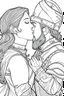 Placeholder: Fantasy coloring page, minimal detail. HD. Woman kissing a male knight with a beard. No background detail.