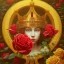 Placeholder: a dreamy yet sorrowful oil painting of a detailed golden crown next to a red rose on a bench in a flower garden