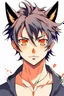 Placeholder: A young adult male anime realistic with one black cat ears, one orange cat ear, black and orange messy hair