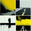 Placeholder: Minimal abstract oil paintings desolate 1960s carpark concrete fragments style of Justin Mortimer and Francis Bacon. Yellow road markings.