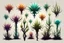 Placeholder: Isolated concept art of alien plants on a plain neutral background. Strange fictional extraterrestrial flora with unusual shapes, glowing details, thorns, spines, tendrils, and exotic flowers. Each plant designed with unique silhouette and fantasy colors, digital painting style, detailed textures, science fiction botanical illustration, no background, no landscape.
