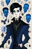 Placeholder: black haired blue eyed young man necromancer wizard with gothic jewelry in the style of charles addams