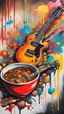 Placeholder: Bowl of stew with Guitar on top, graffiti art, splash art, street art, spray paint, oil gouache melting, acrylic, high contrast, colorful polychromatic, ultra detailed, ultra quality, CGSociety