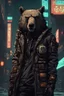 Placeholder: cyberpunk city alley cyborg samurai with bear patch on his jacket