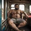 Placeholder: full figure shot photography of a burly ugly beefy arab farmer 34 years old man sitting in the train, relaxing, shirtless, with swimwear, manly chest, hairy allover, bulge, tattoo, broken teeth, serious, short beard, curly hairs , view from below, photorealistic, side lights, Ground-Shot Angle