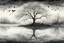 Placeholder: Illustration of a lonely dark tree with barren branches stands on a water's edge, reflected in the water, fog, crows in the sky, timelessness and dying, mystical landscape, pencil drawing