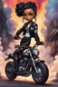 Placeholder: Create a urban art illustration of a chibi cartoon full figure black female riding a sports motorcycle. She is wearing tie dye and black tights with biker boots. Prominent make up with log lashes and hazel eyes. Extremely highly detailed black shiny wavy hair up in a messy bun. Background of smoke surrounding her and the bike and she's at a bike show.