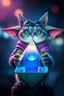 Placeholder: airbrush with pen outline, gremlin cat pimp holding a big reflective prismatic pyramid with orb containing plasma in the style of the Tron movies, bokeh like f/0.8, tilt-shift lens 8k, high detail, smooth render, down-light, unreal engine, prize winning