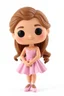 Placeholder: Funko figure of a very young female, smiling, long wavy light brown hair, wearing a ballerina dress, pink dress, ballet, very cute, ballet pose,. typography, 3D render. White background