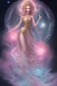 Placeholder: Create an image of a full body cosmic Goddess. The goddess should be depicted as a beautiful and powerful figure, surrounded by cosmic stars. Her hair should be long, blond and flowing, and she should be dressed in a flowing gown blue celestial robe. In the background, include imagery of pink flowers, blue sky,trees. The image should evoke a sense of joy, celebration, and spiritual connection to nature.