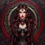 Placeholder: A (((young woman with long brown hair))), captured in a (((fantasy setting))) with a dark color palette, dominated by (((black))) and (((red))), intricate patterns and ornate designs incorporating elements like stars, moons, and swirling spirals. Her attire is sleek and (((leather))), with (((red eyes))), a (((smirk))) that implies both confident arrogance and an air of malevolent power. The overall aesthetic radiates an otherworldly quality, as if set against a (battleground)