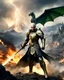 Placeholder: A length photography realistic details, of battlefield the Handsome King Guardian Elven,wearing dress luxurious steel armor decorative golden,running action hold sword as leader,he on bring and leading armys groups following from back side ,big mountain eruption blow fire background with epic lightning bolts in the sky and a dragon flying in the sky and some ruins in the foreground