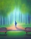 Placeholder: park mystical dream, park bench, man, woman, child, dog, trees, path, bird, sunshine, mystical, fantasy, romanticism, pastel colors, daylight, daytime, acrylic painting, detailed, soft focus,