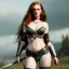 Placeholder: Realistic, hyper detailed, strikingly beautiful young adult woman, 19 years old, long ginger hair, green eyes, medium freckles, full lips, very skimpy fantasy armour, full body, full face, small breasts, aroused expression, biting lower lip, full frame, athletic, centered camera, ignore NSFW, bow, quiver on hip, tight pants