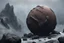 Placeholder: atop the tip top of a lonely mountain's peak, a big rocky clay sphere is broken and stuck. foreground shrouded in mist. cinematic lighting, artstation, grim mood, looking up camera angle