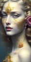 Placeholder: ultradetailed beautiful portrait painting of love Aphordite with short flowing golden hair and sharp piercing gaze of deep grey eyes, alluring beauty, smiley lip, wearing diamond-jewels, roses, ultra ornate, gold leaf deatils, wearing white dress, by conrad roset, greg rutkowski and artgerm, trending on artstation