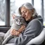 Placeholder: create a sleeping grey haired middle aged woman with chin length hair, sitting on a chair, in front of a window, holding her beloved gray and white tabby Oriental shorthair cat, also sleeping, in her arms. Serene peaceful calm. the snow falling outside