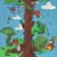 Placeholder:  kaiju birds in a tree near a city by dr seuss