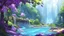 Placeholder: a beautiful scene of a forest in the distance with very purple trees and a blue shimmering river going down the forest the sky is an orangey pink