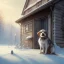 Placeholder: sad, scared, lonely dog tied up in front of a house during winter, 8k resolution, high-quality, fine-detail, intricate, digital art, detailed matte, volumetric lighting, illustration, 3D octane render, brian froud, howard lyon, selina french,