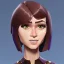 Placeholder: anna wintour with dark brown hair in a ponytail, blue eyes, happy, lego, steampunk