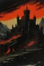 Placeholder: 70s dark fantasy art of a medieval castle with a moat of lava on a hill