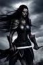 Placeholder: SA female elf with skin the color of storm clouds, deep grey, stands ready for battle. Her long black hair flows behind her like a shadow, while her eyes gleam with a fierce silver light. Despite the grim set of her mouth, there's a undeniable beauty in her fierce countenance. She's been in a fight, evidenced by the ragged state of her leather armor and the red cape that's seen better days, edges frayed and torn. In her hands, she grips two daggers, add dark shadow mystic purple flames