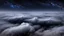 Placeholder: looking down from space at the mist and clouds, surrounded by the mist at night starry sky. half space half clouds