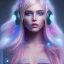 Placeholder: A beautiful portrait of a cute cyberpunk woman long blond hair, pink lips, blue eyes, high key lighting, volumetric light high details with luminous blue and white stripes and feathers