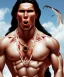 Placeholder: native american warrior, long black hair, big muscles, face up, mouth wide open, scream face, shirtless, looking to the sky