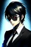 Placeholder: Anime main character with black suit , black hair, sunglas