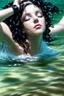 Placeholder: a beautiful woman, long curly black hair,closed eyes,coming from beneath the water,braking the surface with her face just coming out the water,looking up symbolism for breaking free. realistic,8k quality, action close shot from areal view,highly detailed , chaos 80